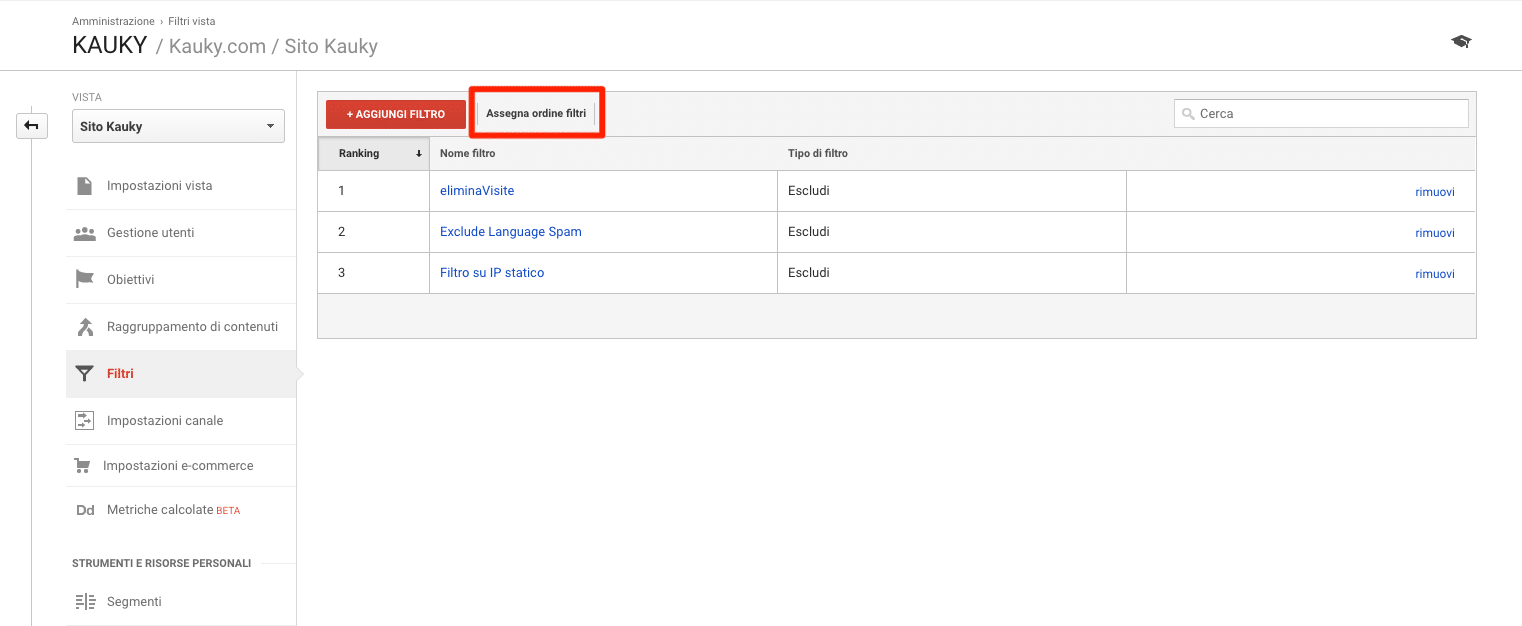 Assegnare ordine ai filtri Google Analytics