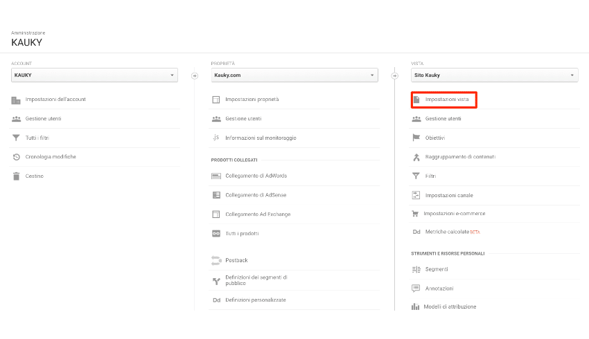 Impostazioni Vista Google Analytics