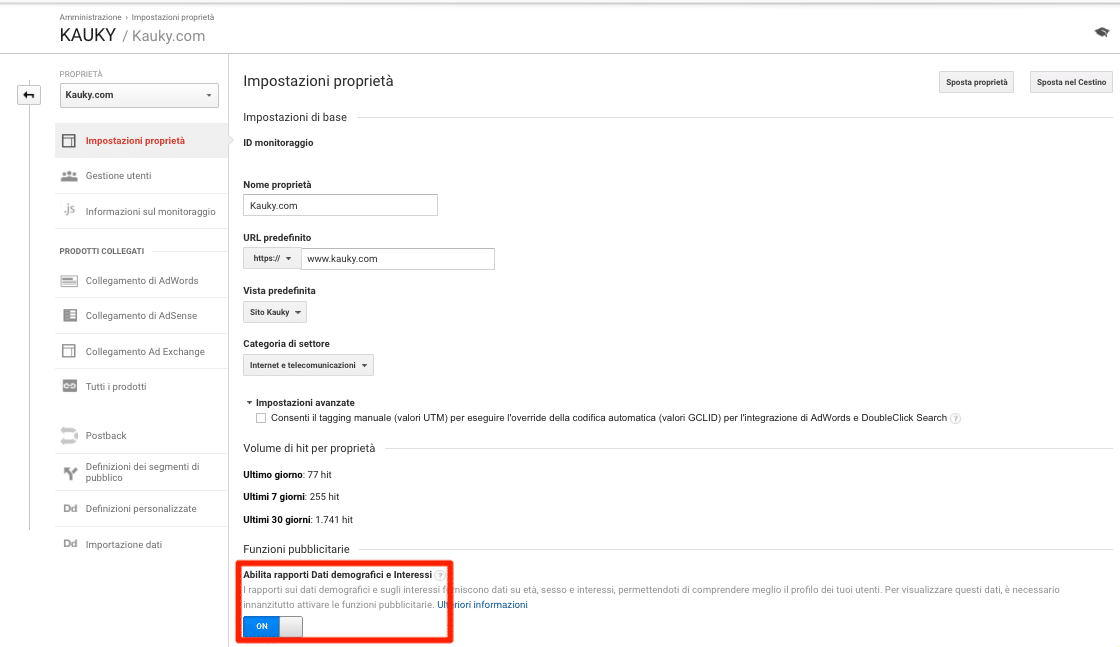 Impostazioni Proprietà Google Analytics
