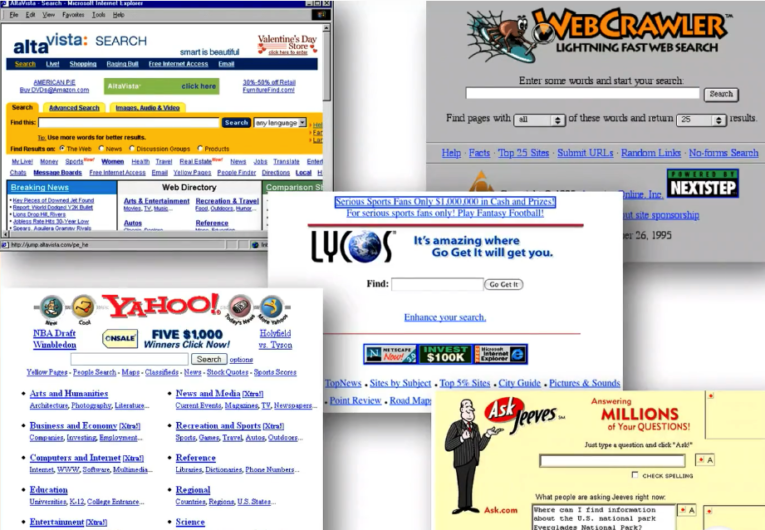 Altavista, Yahoo! Directory, WebCrawler, Lycos e Ask