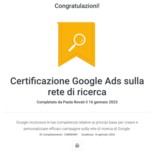 Certificazione Google Ads Search