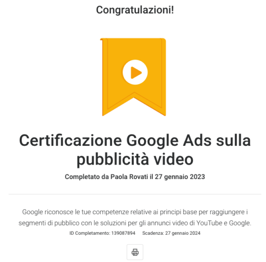 Certificazione Google Ads pubblicita video