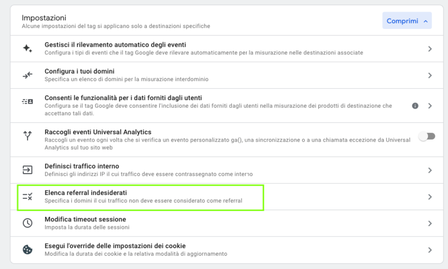 Elenca referral indesiderati GA4