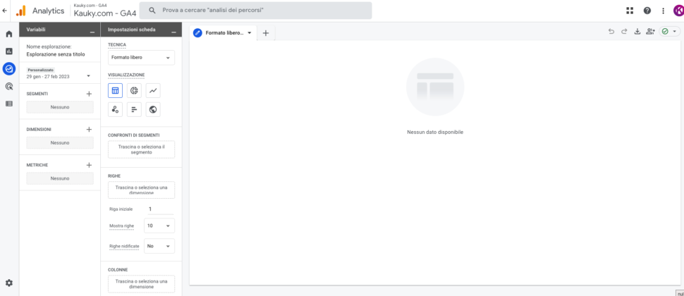 Esplora Esplorazioni Tela VAriabili Impostazioni scheda